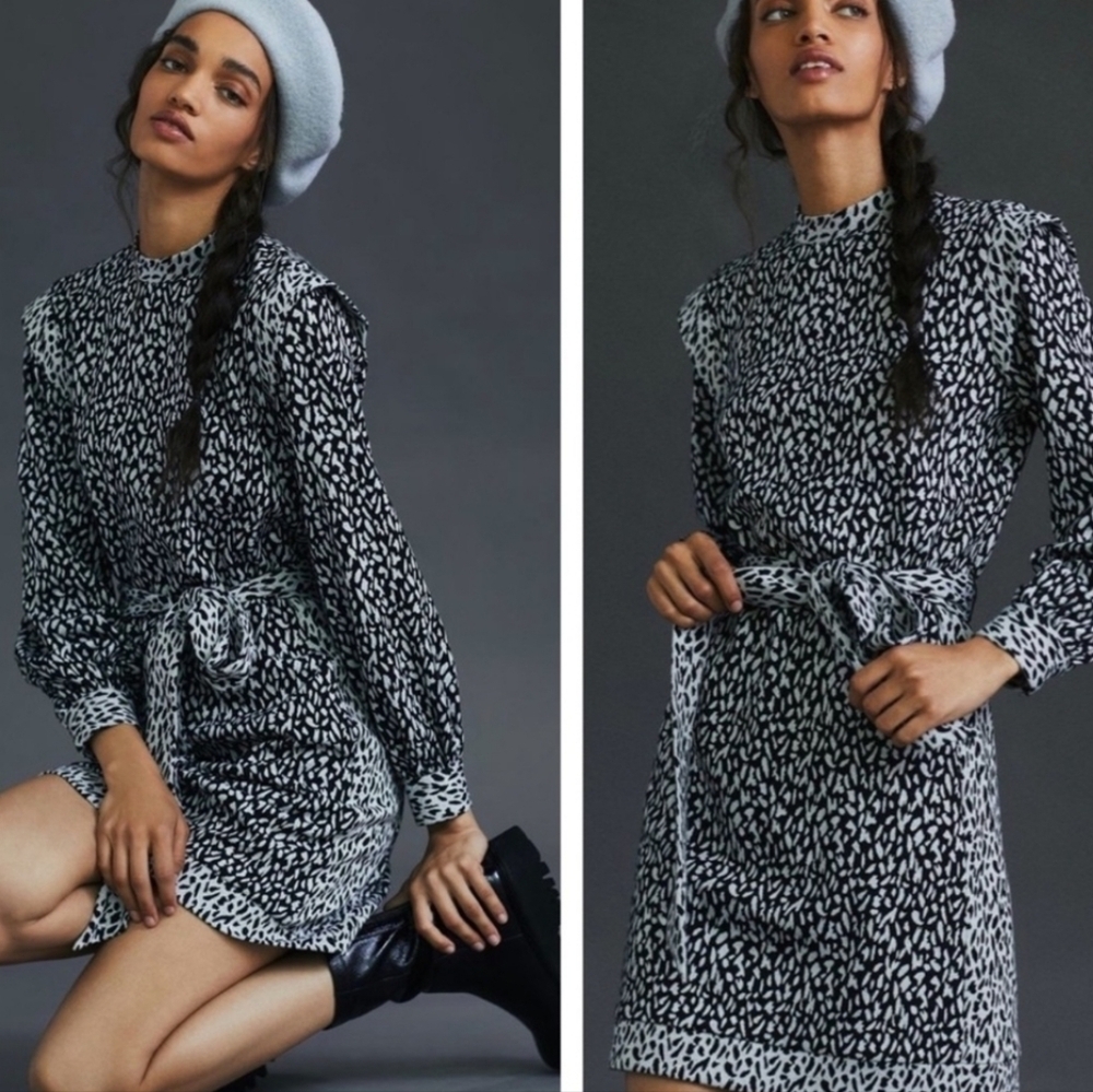 Hutch Long Sleeve Spotted Mini Dress Size XS Ruffles Tie Waist Mock Neck Pockets